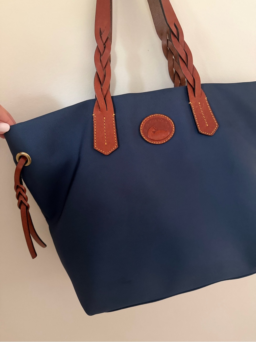 Dooney & Bourke Nylon Shopper Tote Navy Vacchetta Leather Braided Shoulder Bag - Picture 3 of 11